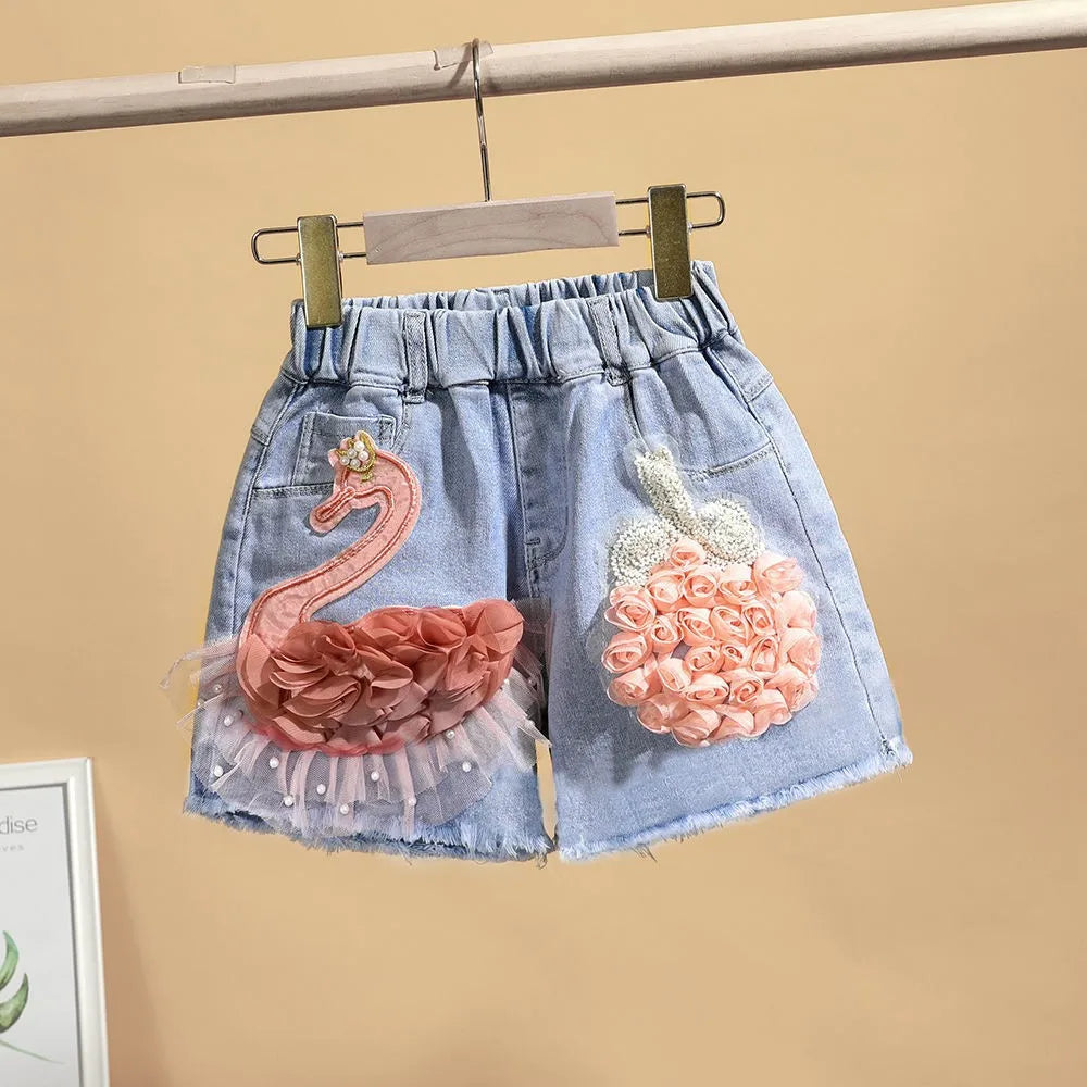Girl's Denim Cute Swan Shorts
