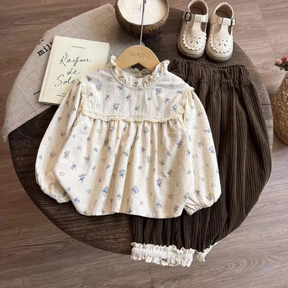 Floral Doll Shirt & Lace Ankle Pants Two-Piece Set