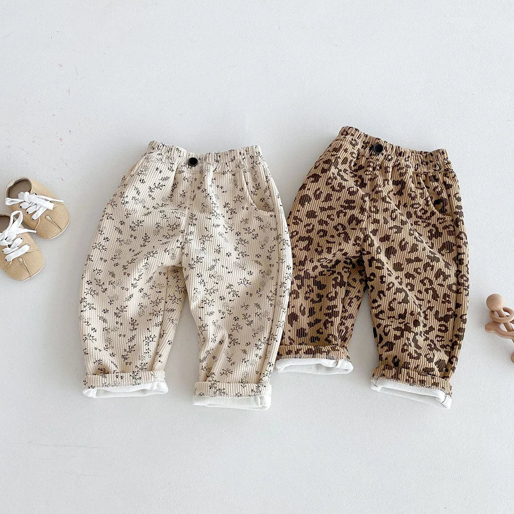 Warm Fleece-Lined Kids Pants - Floral & Leopard Print