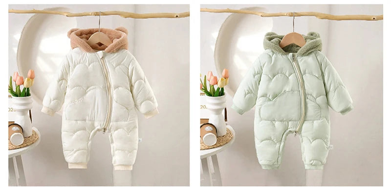 Winter Baby Thickened Jumpsuit Fur Lining Hooded Warm Fleece Quilted Outwear