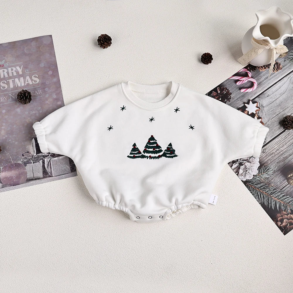 Christmas Fur Lining Bodysuit Christmas Tree Embroidery With Hat