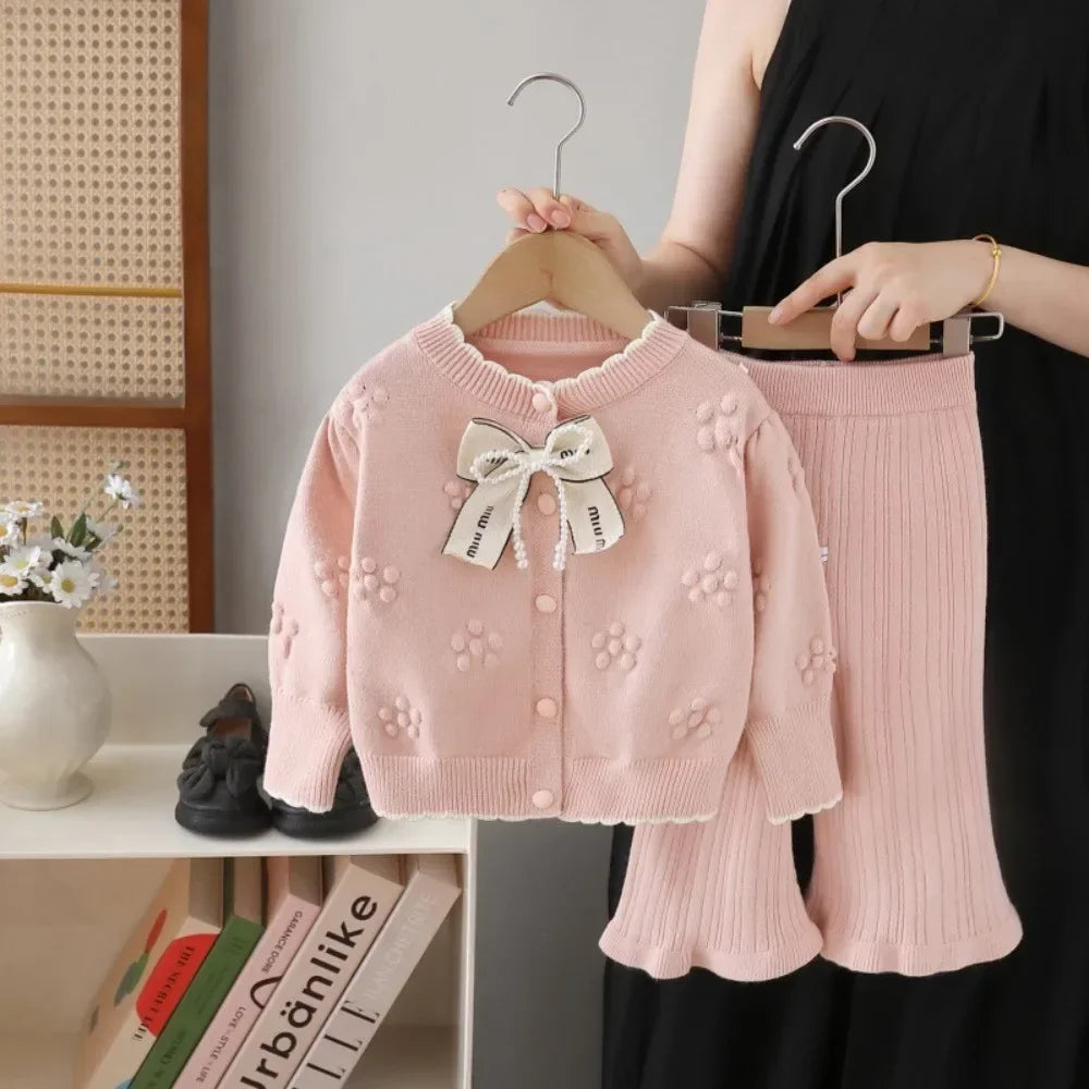 Knitted Sweater with Bow & Pants Set