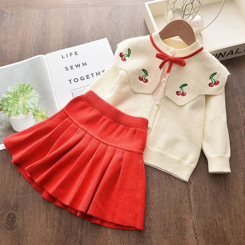 Winter Cute Embroidered Collar Bow Cardigan & Pleated Skirt Two-piece Set