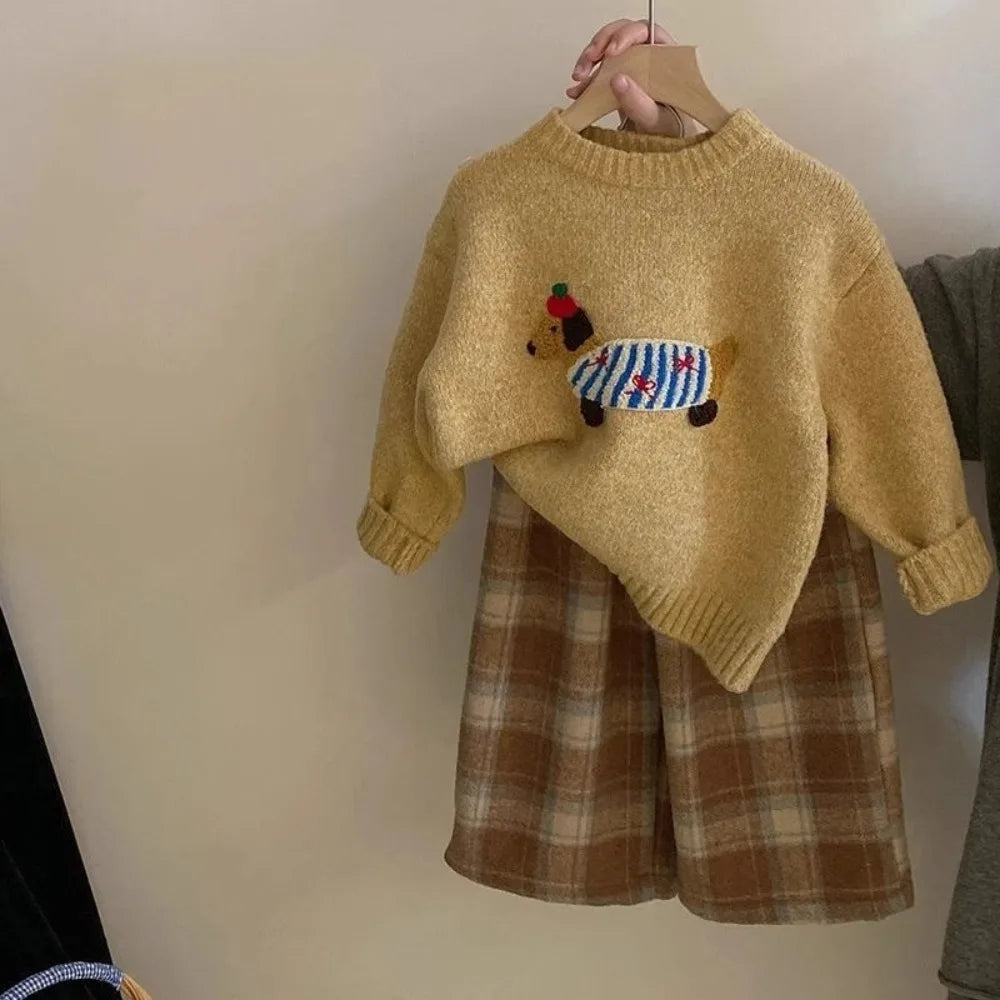 Cartoon Sweater Top & Checkered Pants Set