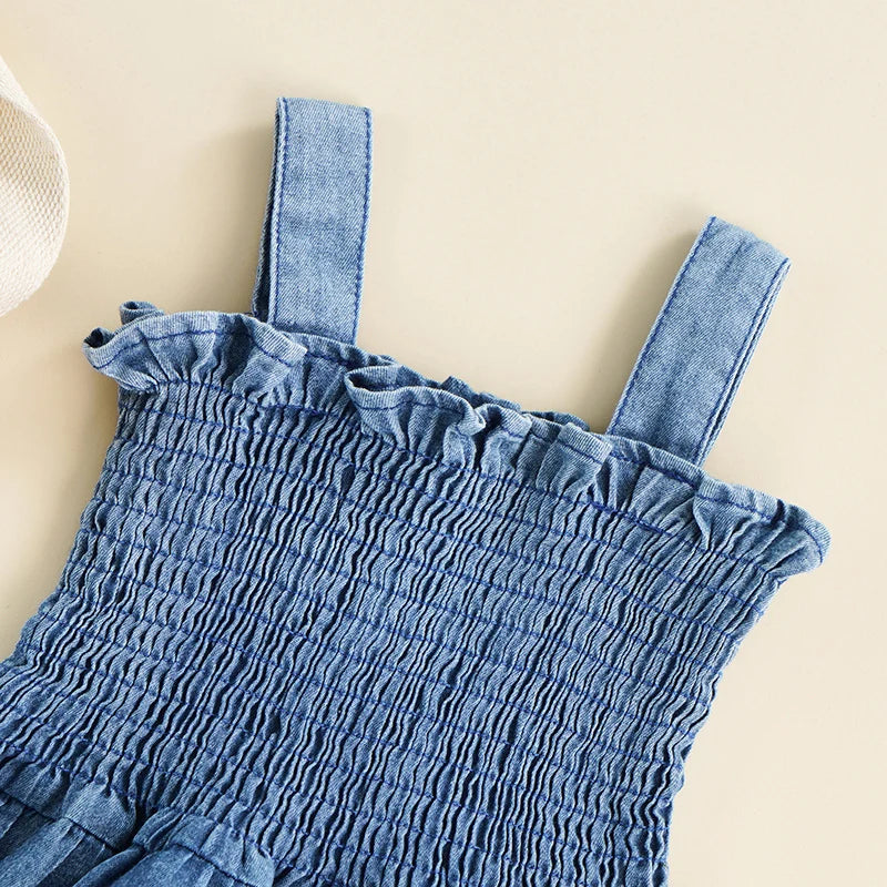 Girl Denim Romper – Sleeveless Ruffle Hem Jumpsuit