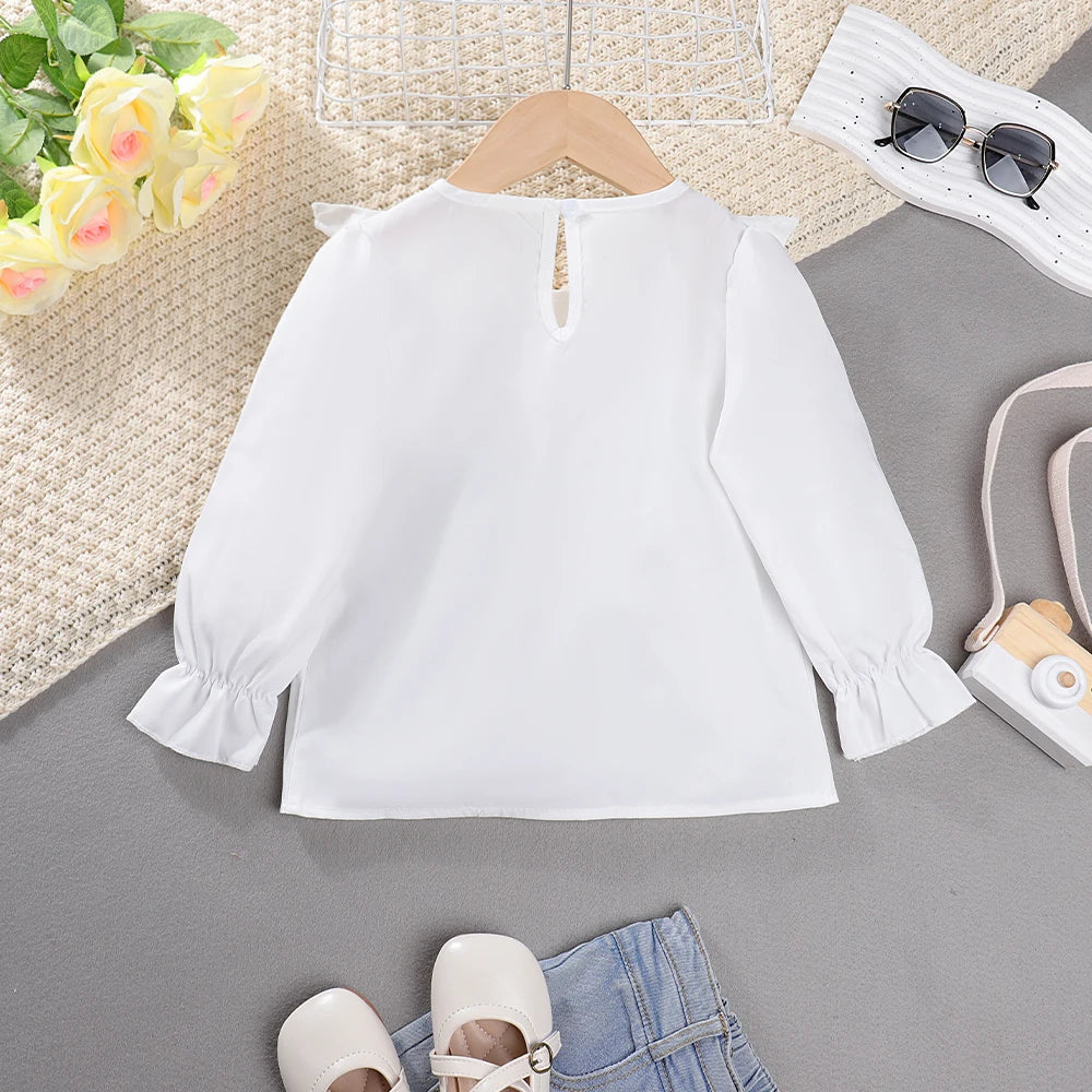 Stylish Girl's White Top With Ruffled Round Neck