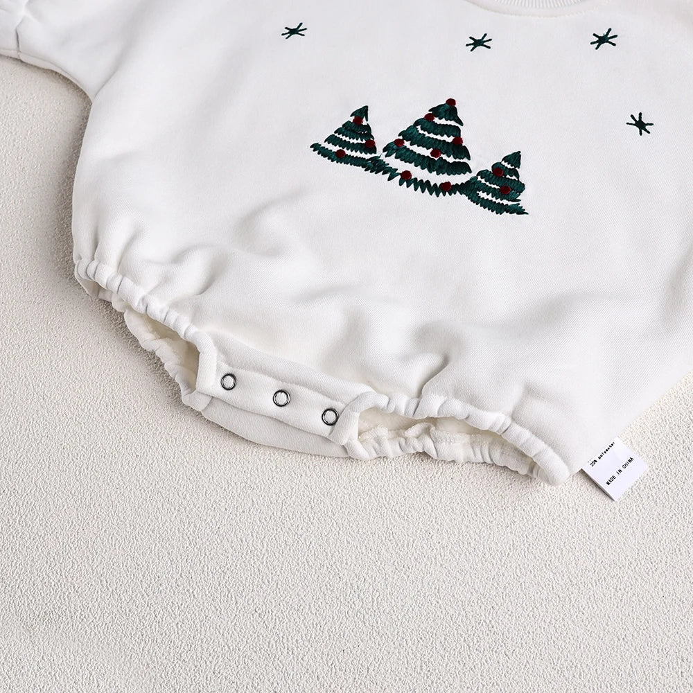 Christmas Fur Lining Bodysuit Christmas Tree Embroidery With Hat