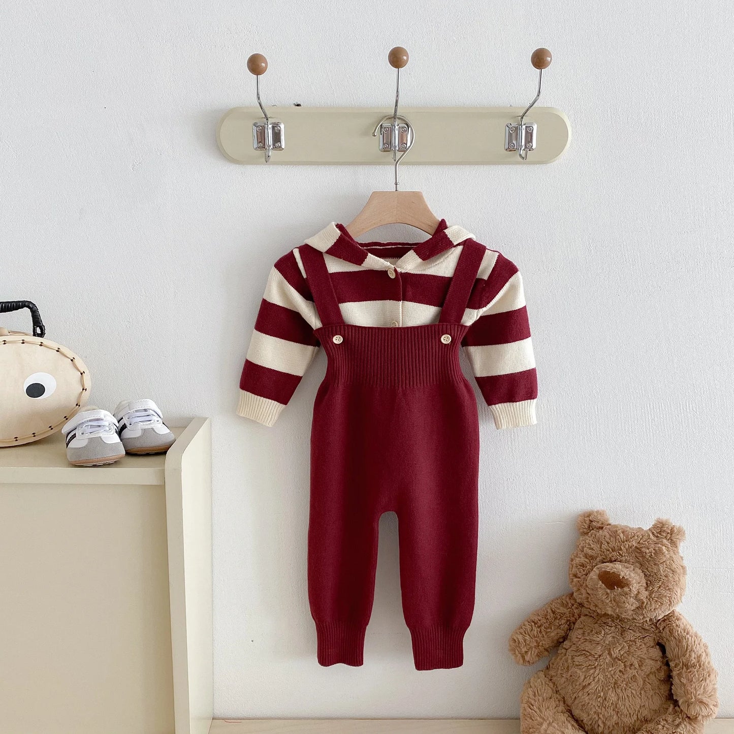 Hooded Knit Cardigan And Solid Overalls Set