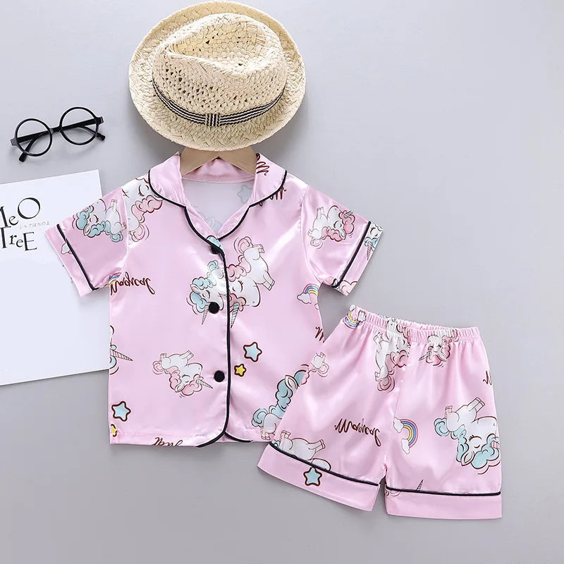 Pink Satin Unicorn Girls Pyjamas Set