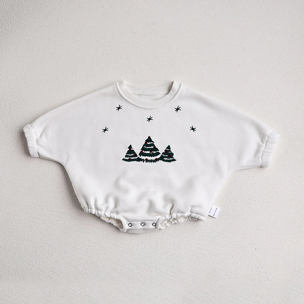 Christmas Fur Lining Bodysuit Christmas Tree Embroidery With Hat