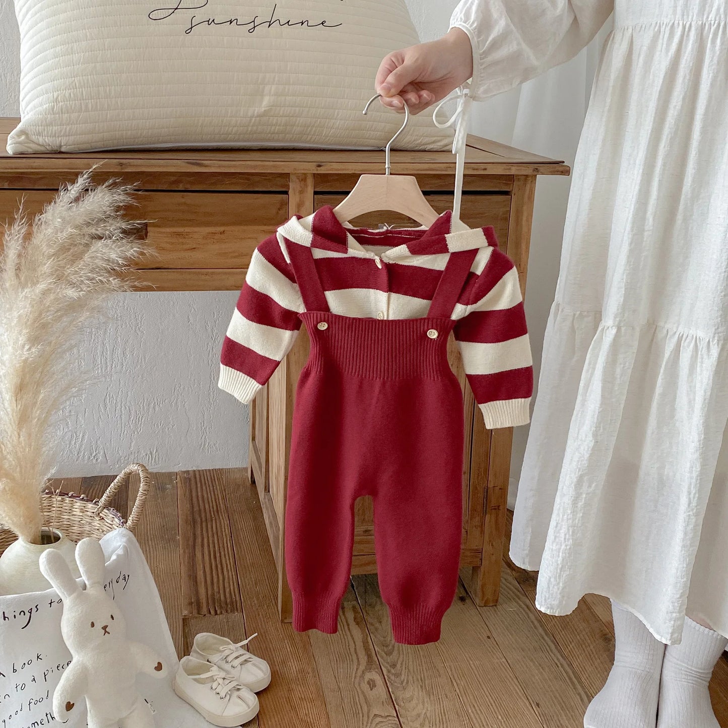 Hooded Knit Cardigan And Solid Overalls Set