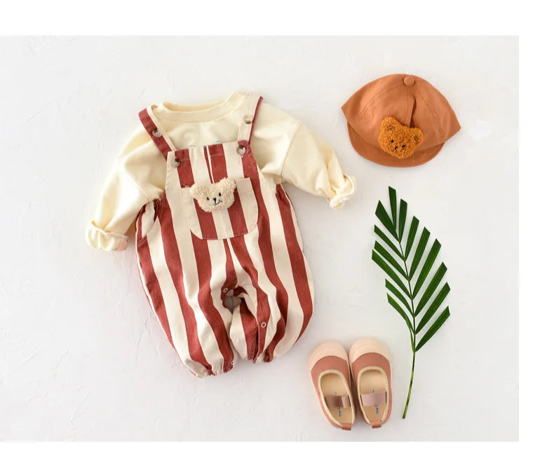 100% Cotton Striped Onesie with Teddy Bear