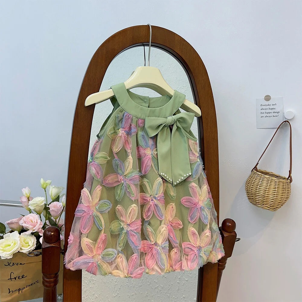 Bow Mesh Flower Sleeveless Dress
