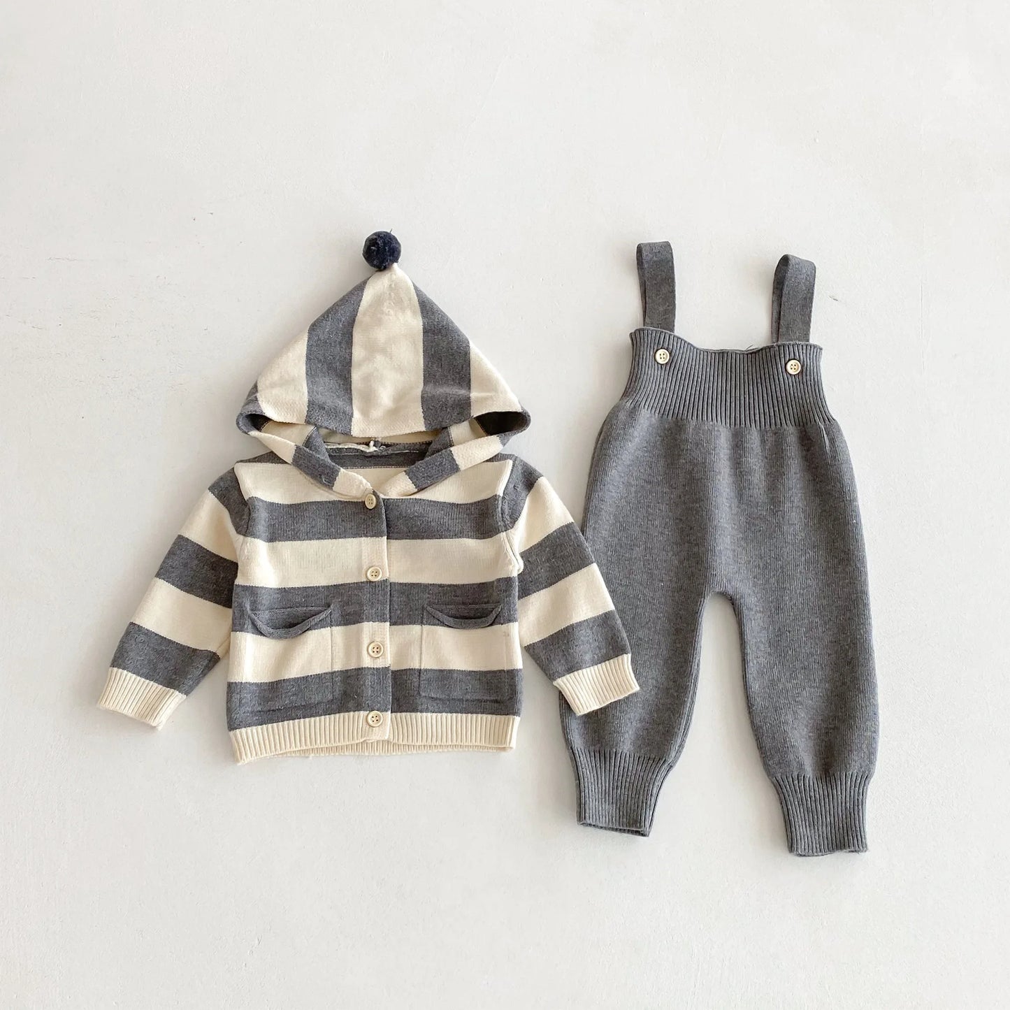 Hooded Knit Cardigan And Solid Overalls Set