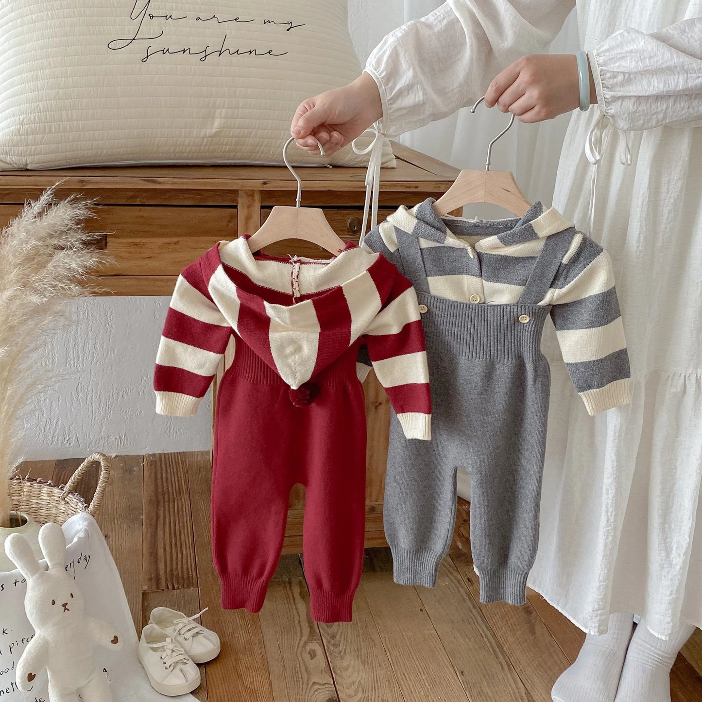 Hooded Knit Cardigan And Solid Overalls Set