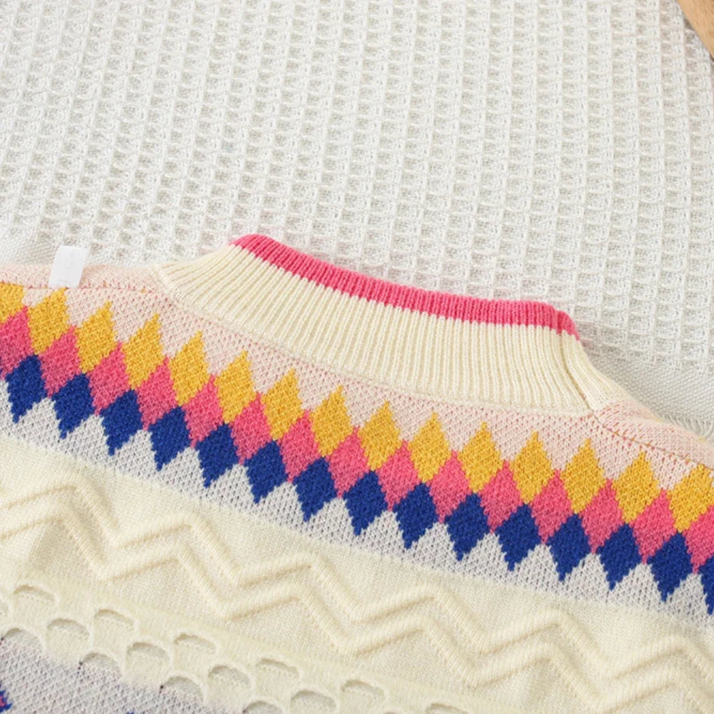 Jacquard Knitted Grid Wave Sweater And Rose Red Pleated Skirt Set