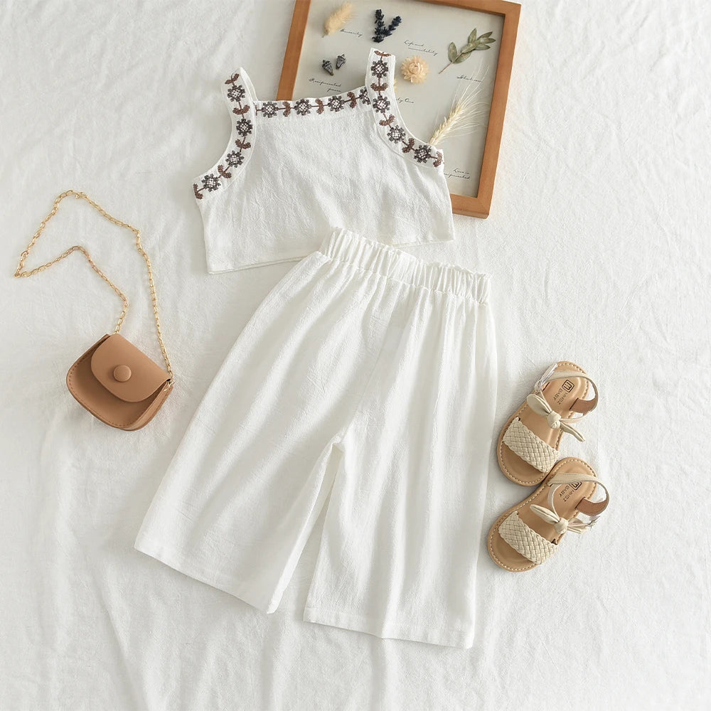 Cotton Embroidered Vest Top & Wide-Leg Pants Set