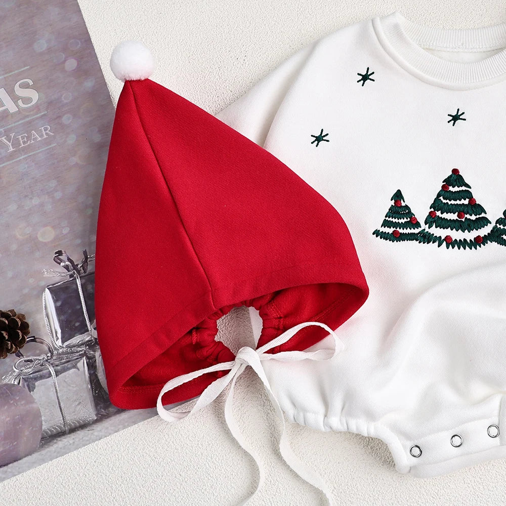 Christmas Fur Lining Bodysuit Christmas Tree Embroidery With Hat