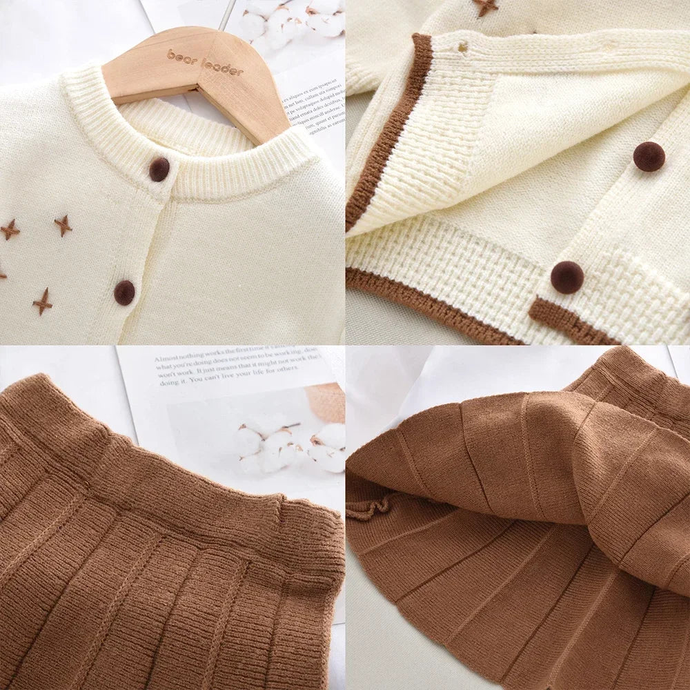 Flower Knitted Cardigan Top & Skirt 2Pcs Set