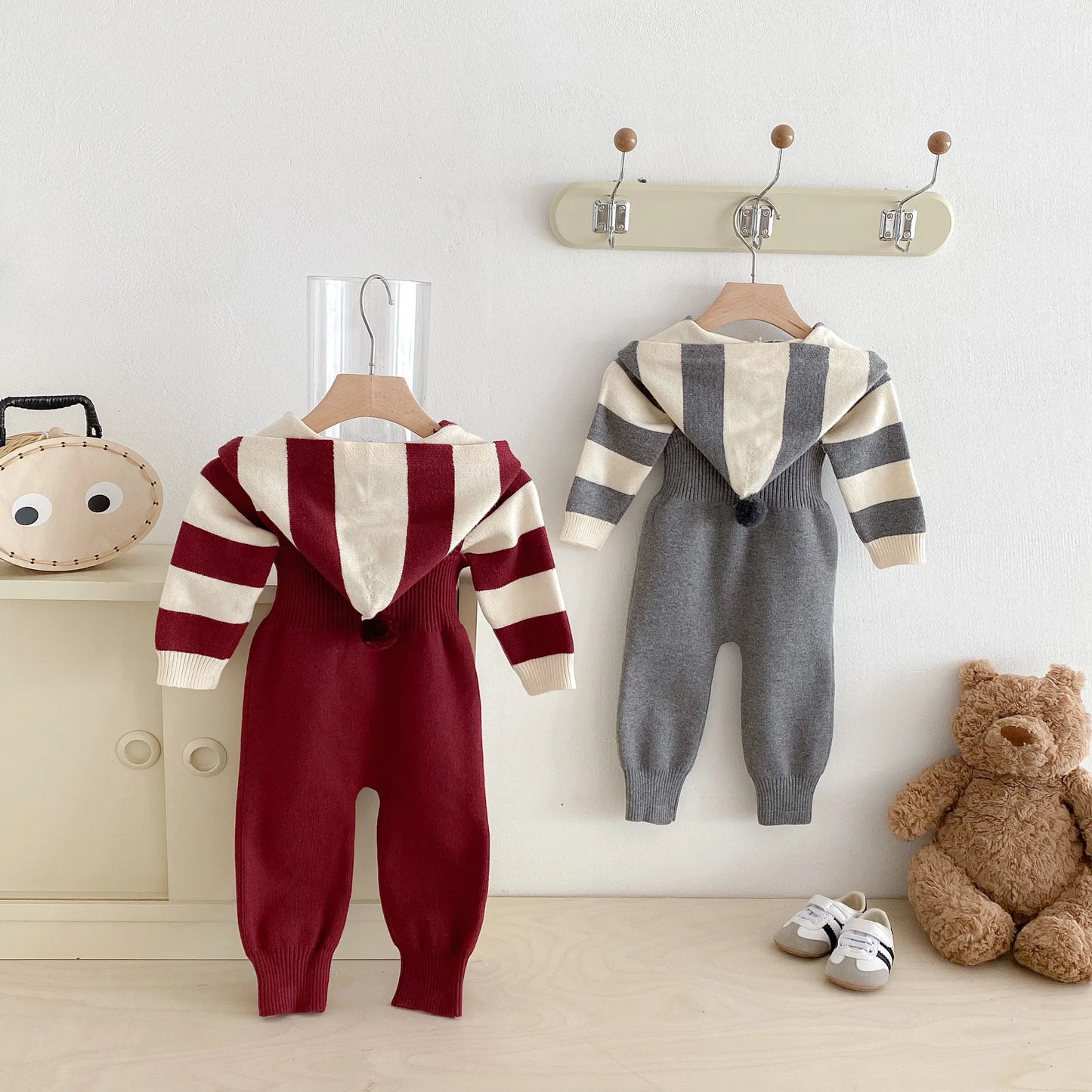 Hooded Knit Cardigan And Solid Overalls Set