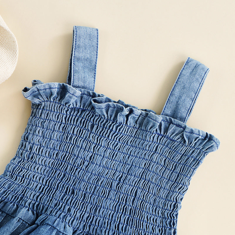 Girl Denim Romper – Sleeveless Ruffle Hem Jumpsuit
