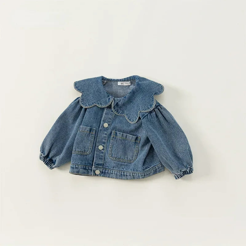 Korean Style Denim Coat With Ruffle Collar
