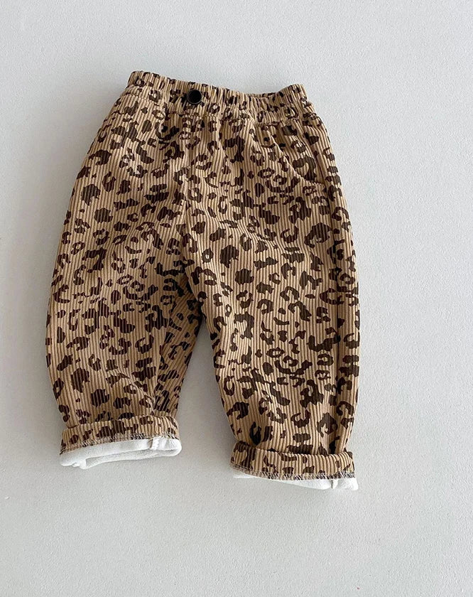 Warm Fleece-Lined Kids Pants - Floral & Leopard Print