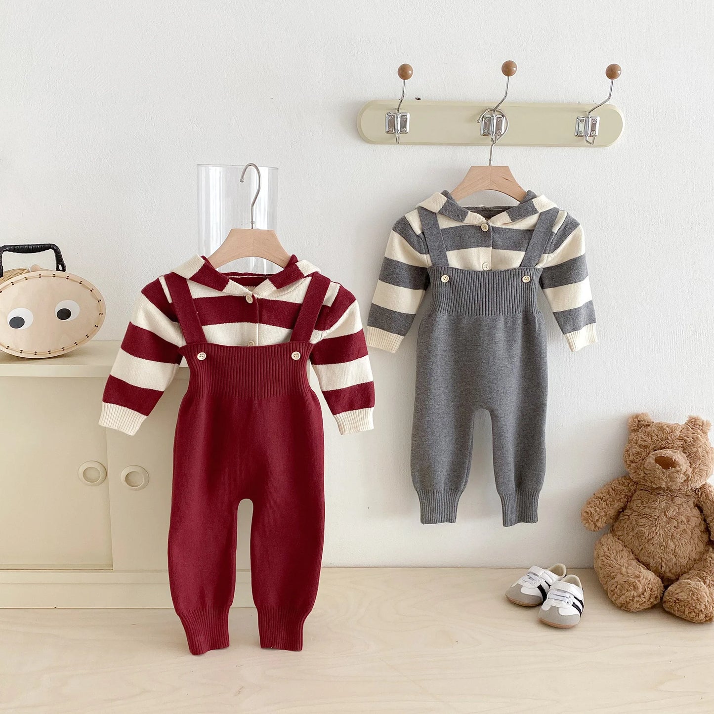 Hooded Knit Cardigan And Solid Overalls Set