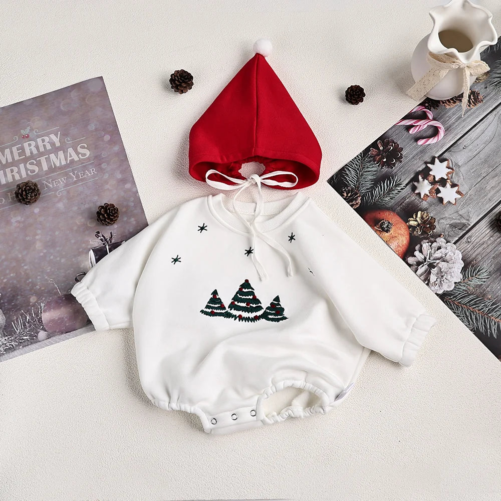 Christmas Fur Lining Bodysuit Christmas Tree Embroidery With Hat