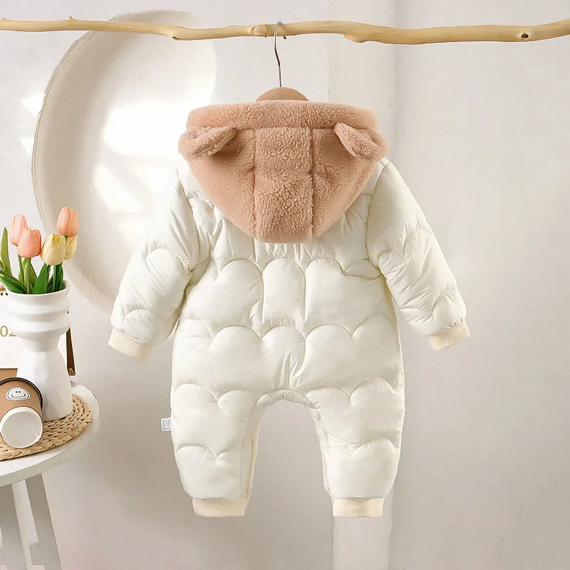 Winter Baby Thickened Jumpsuit Fur Lining Hooded Warm Fleece Quilted Outwear
