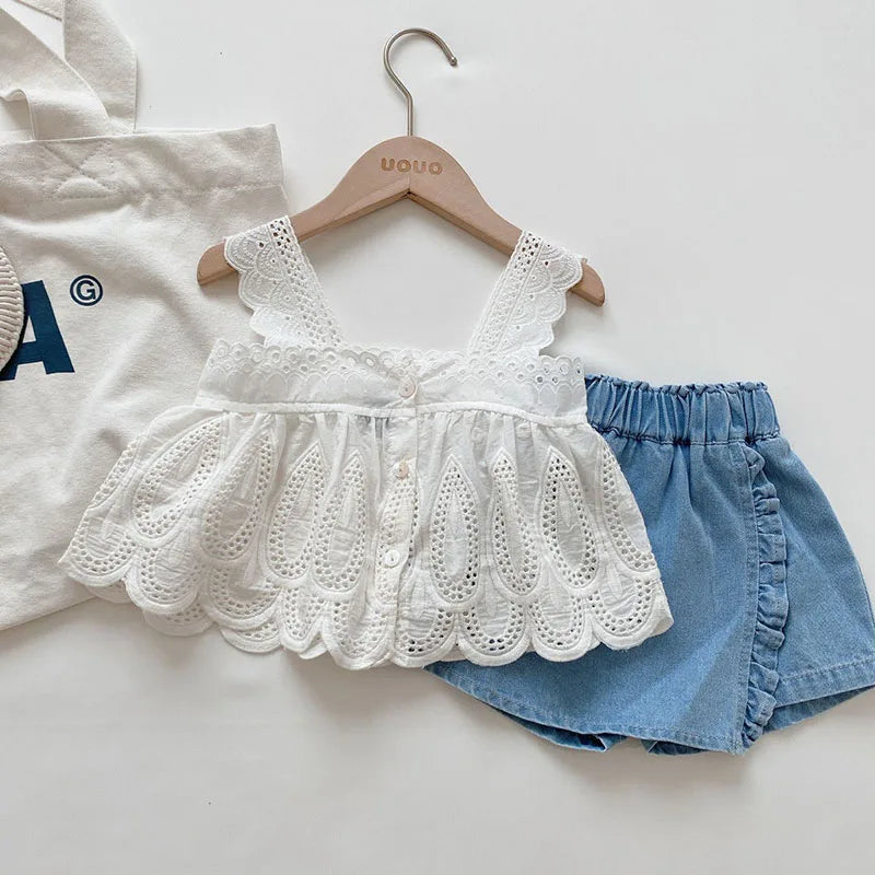 2PCS Summer Girls White Lace Halter Top & Denim Shorts Set Breathable Cotton & Elastic Waist