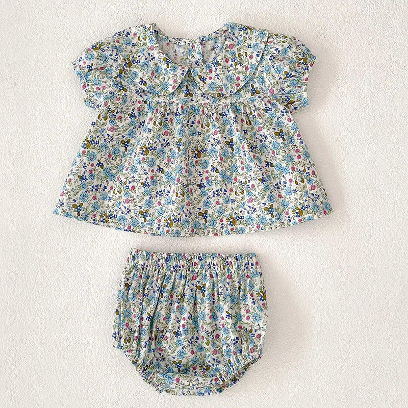 Cute Floral Collar Shirt + Bloomer 2PCS Set