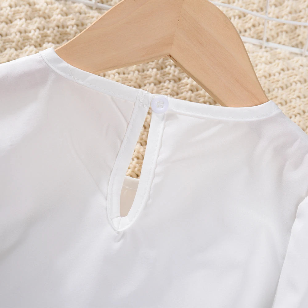 Stylish Girl's White Top With Ruffled Round Neck