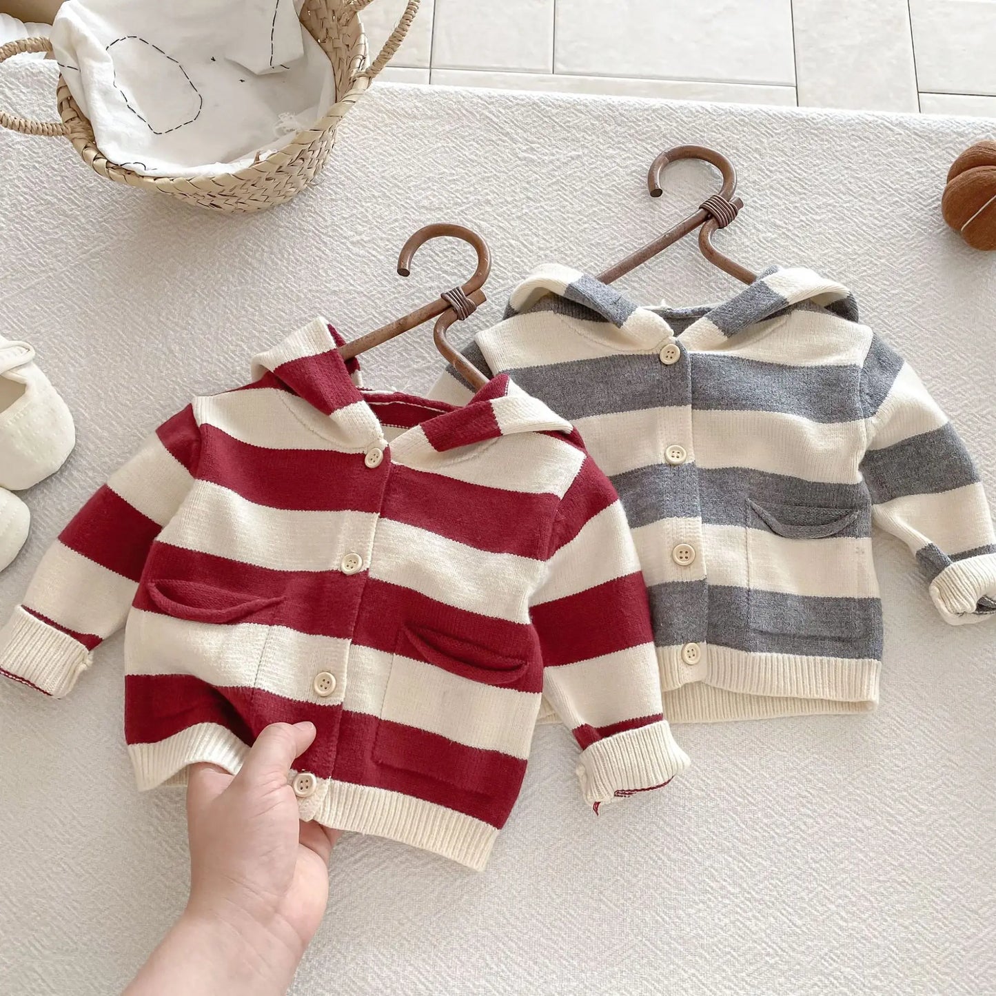 Hooded Knit Cardigan And Solid Overalls Set