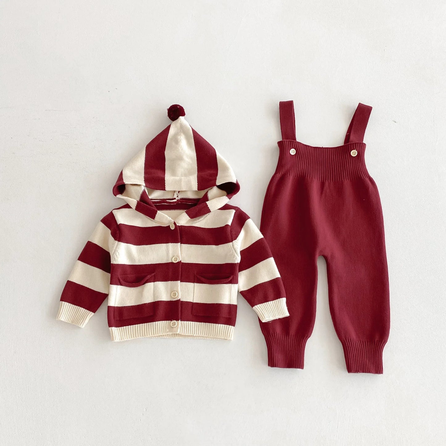 Hooded Knit Cardigan And Solid Overalls Set