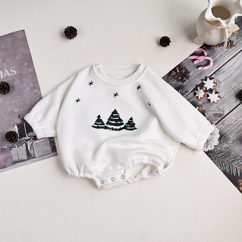 Christmas Fur Lining Bodysuit Christmas Tree Embroidery With Hat