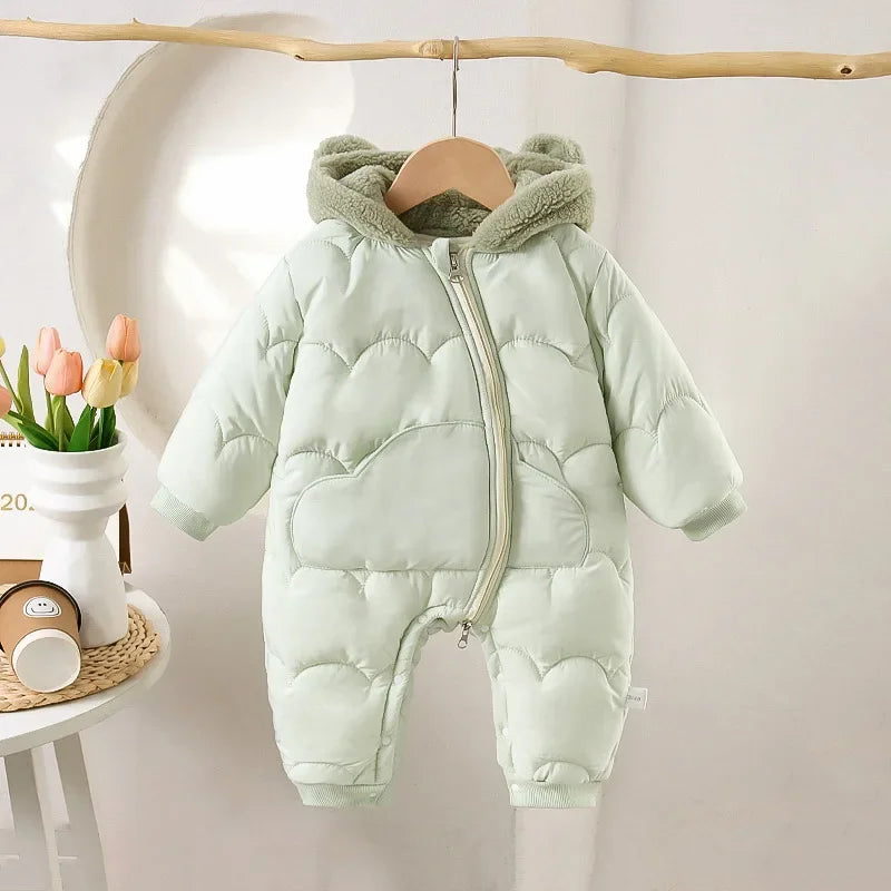 Winter Baby Thickened Jumpsuit Fur Lining Hooded Warm Fleece Quilted Outwear