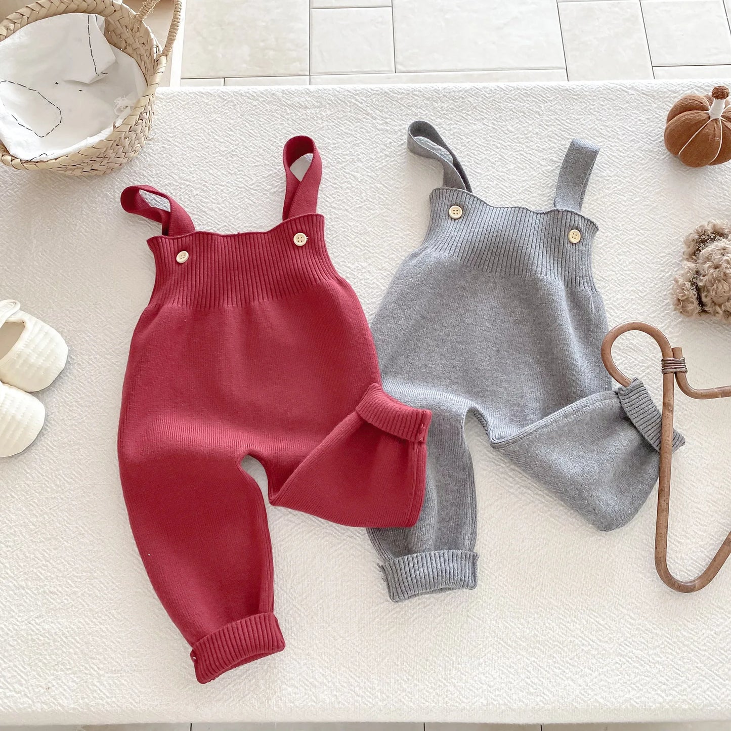 Hooded Knit Cardigan And Solid Overalls Set