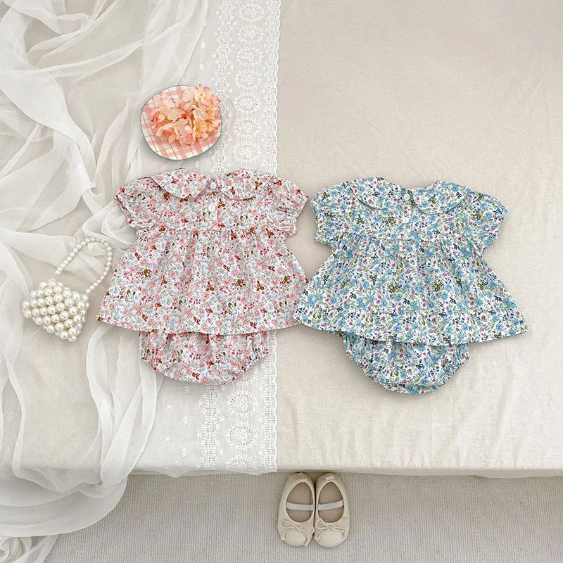 Cute Floral Collar Shirt + Bloomer 2PCS Set