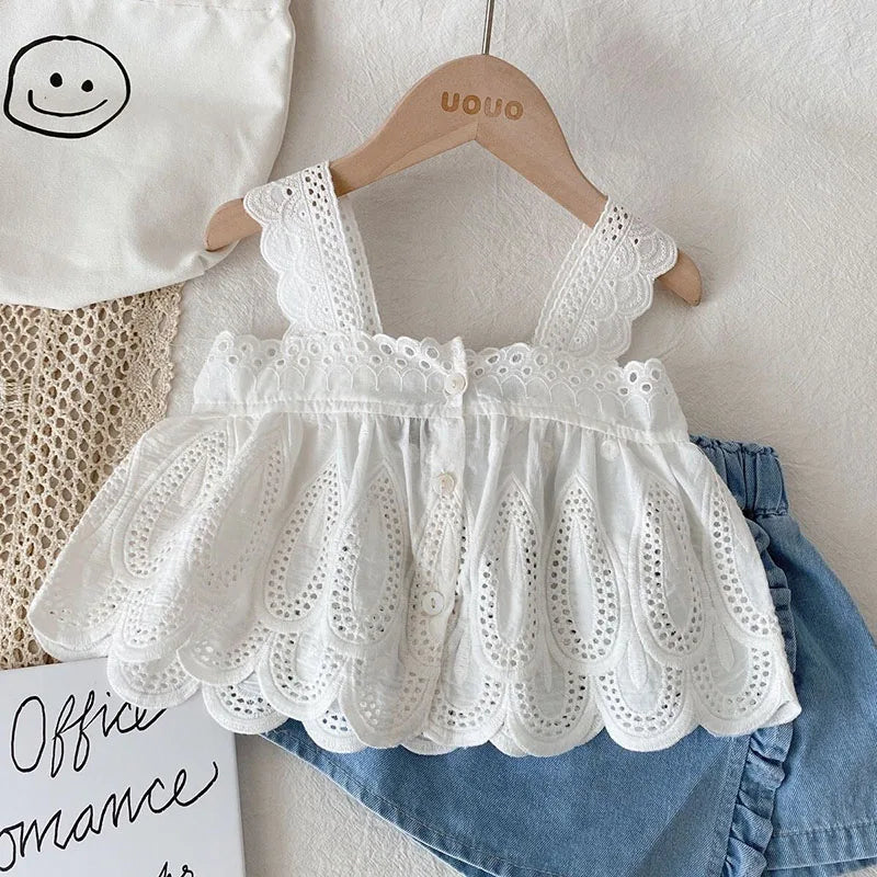 2PCS Summer Girls White Lace Halter Top & Denim Shorts Set Breathable Cotton & Elastic Waist