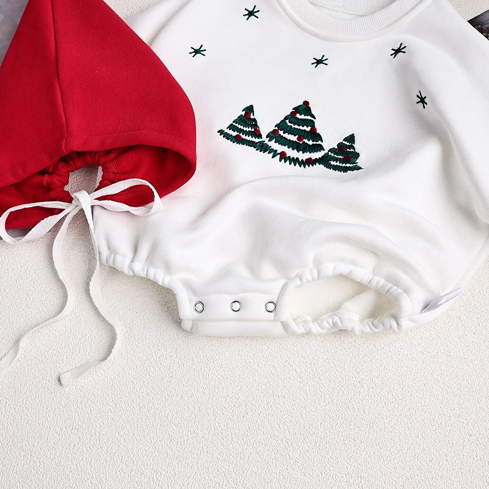 Christmas Fur Lining Bodysuit Christmas Tree Embroidery With Hat