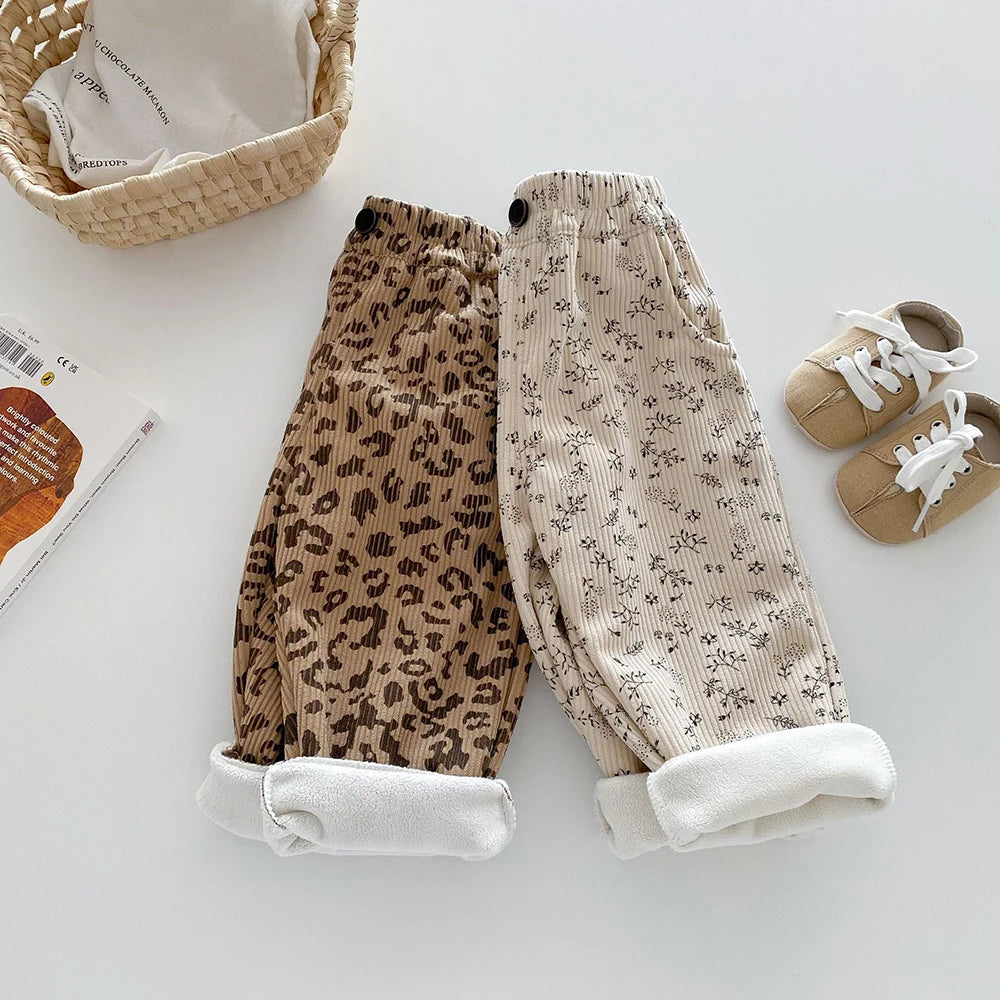 Warm Fleece-Lined Kids Pants - Floral & Leopard Print
