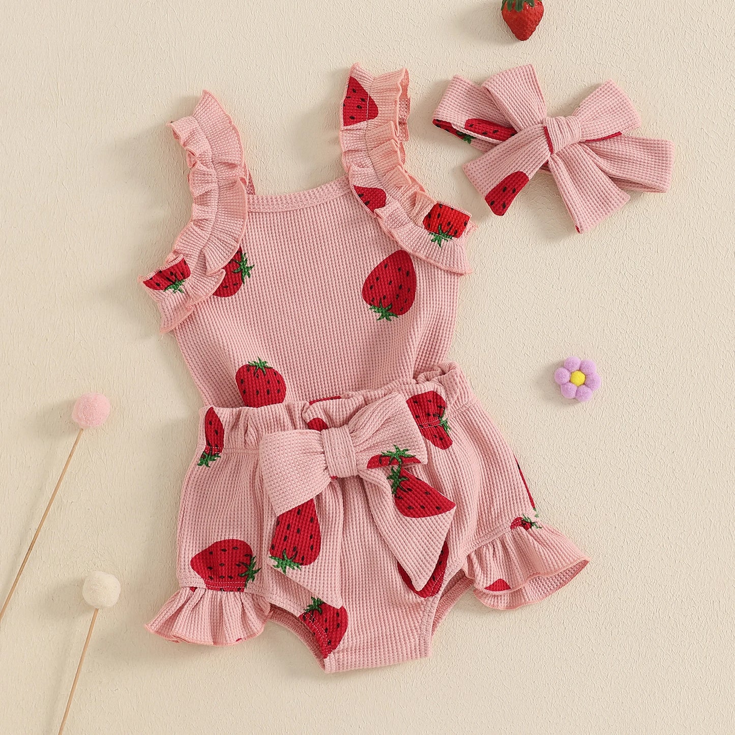 Sleeveless Romper With Bow & Ruffled Shorts