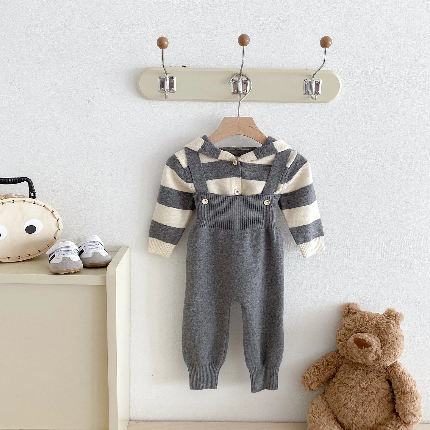 Hooded Knit Cardigan And Solid Overalls Set