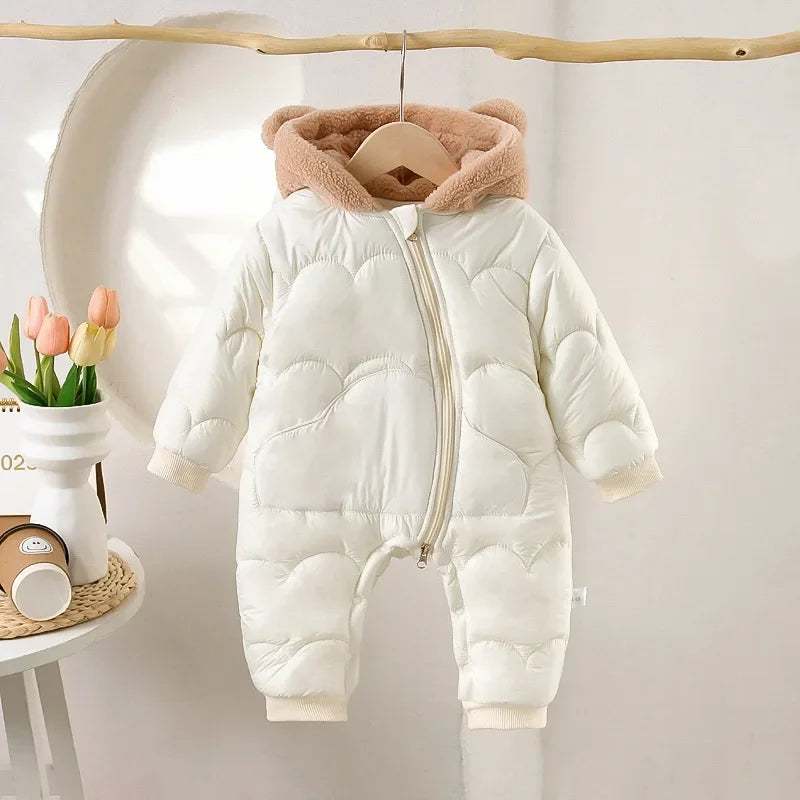 Winter Baby Thickened Jumpsuit Fur Lining Hooded Warm Fleece Quilted Outwear
