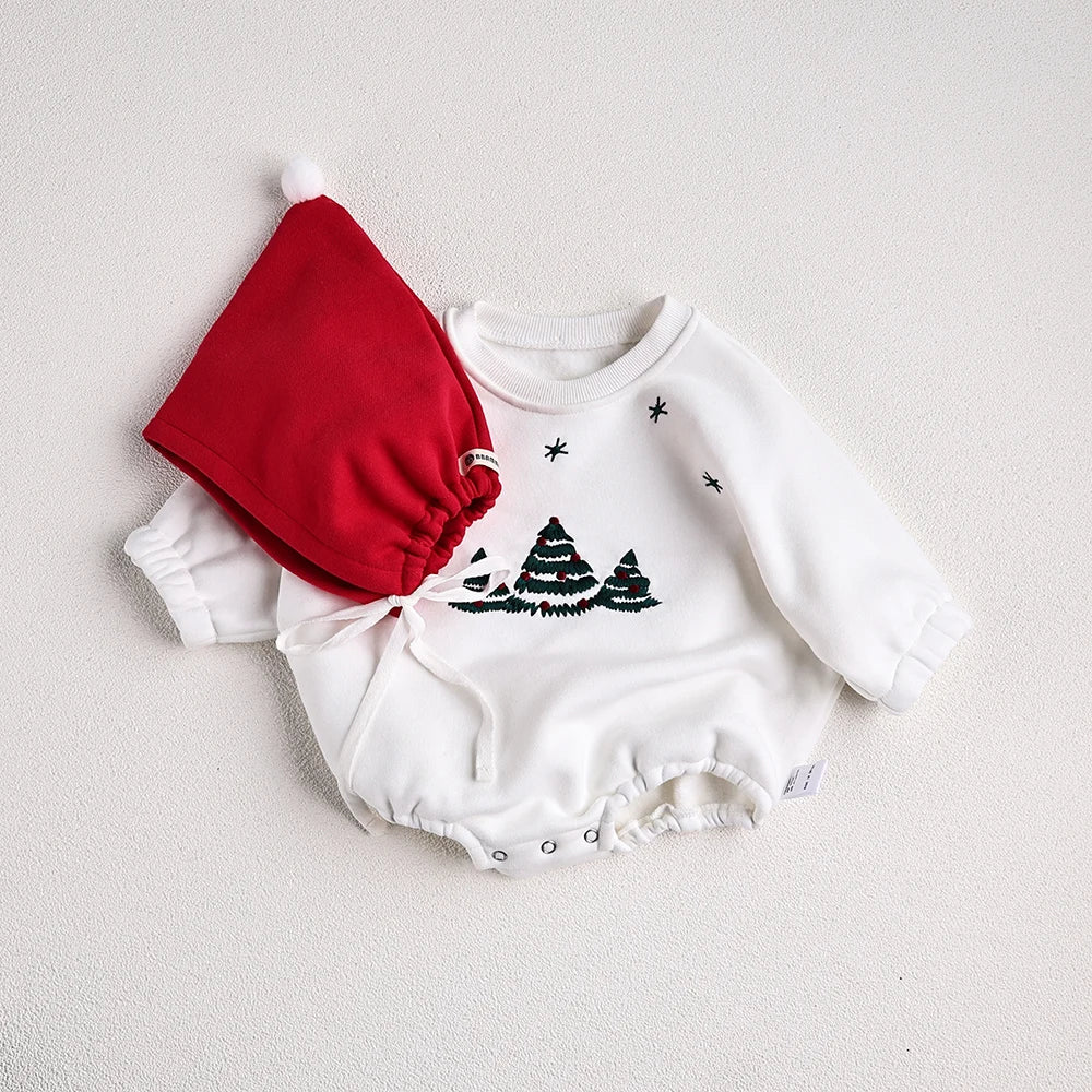 Christmas Fur Lining Bodysuit Christmas Tree Embroidery With Hat