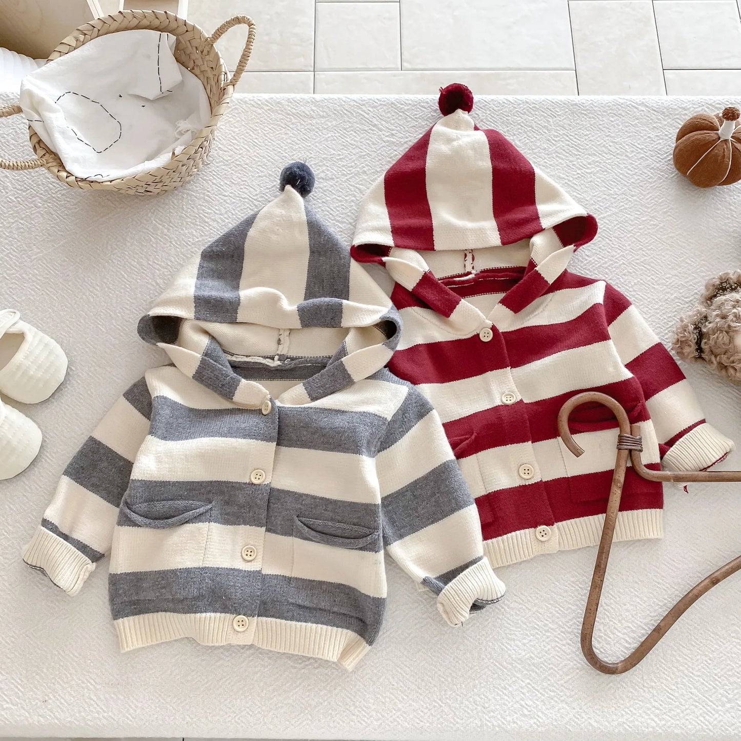 Hooded Knit Cardigan And Solid Overalls Set