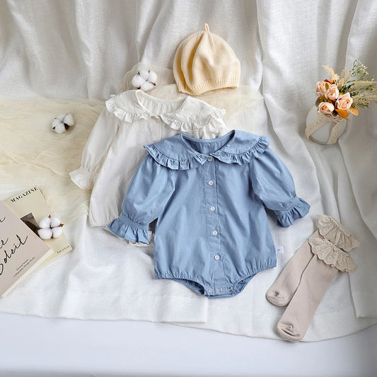 Peter Pan Collar Girls Bodysuit With Ruffle Sleeve