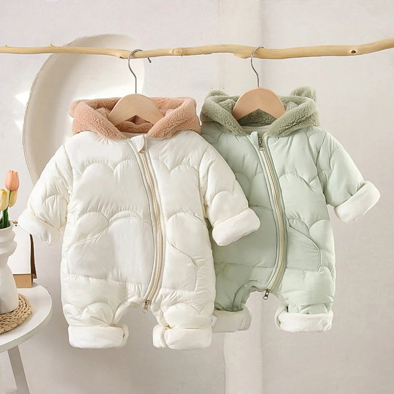 Winter Baby Thickened Jumpsuit Fur Lining Hooded Warm Fleece Quilted Outwear