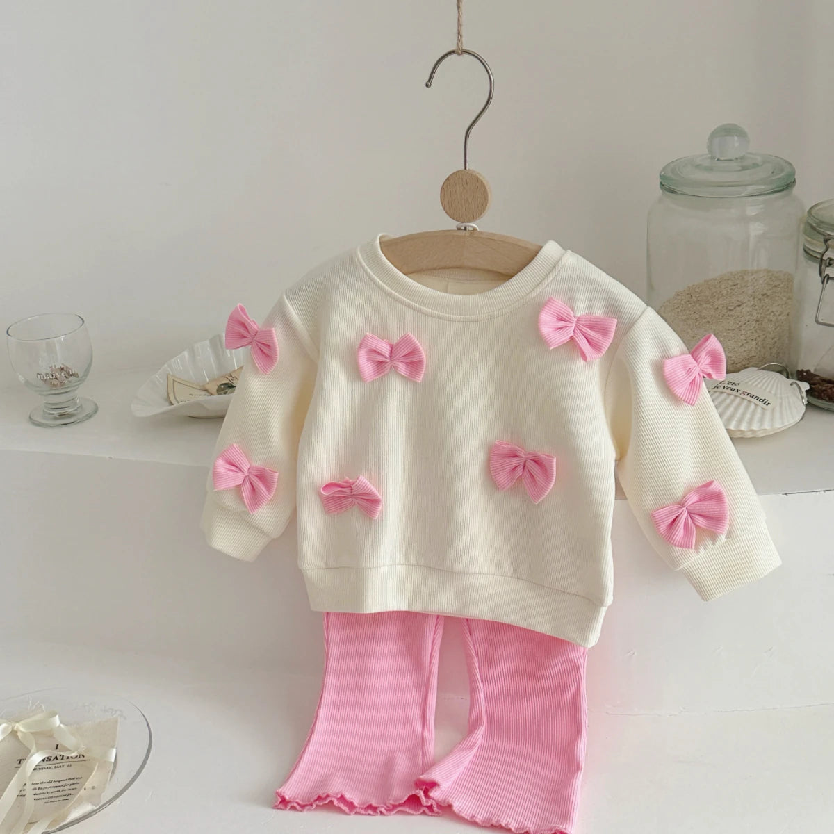 Bowknot Long Sleeved & Pink Flared Trousers Set